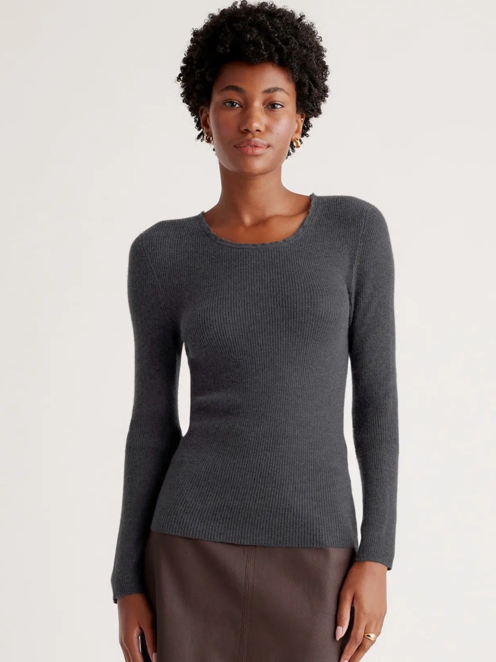 Quince Cashmere Featherweight Ribbed Crewneck Charcoal Sweater